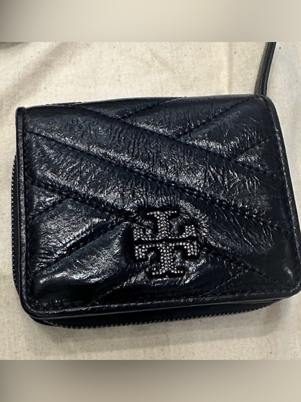 Tory Burch Shiny Black Quilted Leather Zip Wallet with Crystal Logo